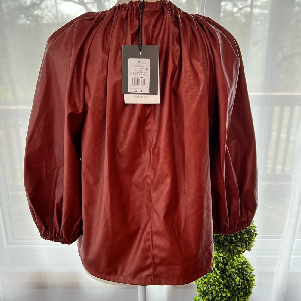 Who What Wear Fired Brick Faux Leather Top 3/4 Ballon Sleeves Sz M NWT - Picture 9 of 15